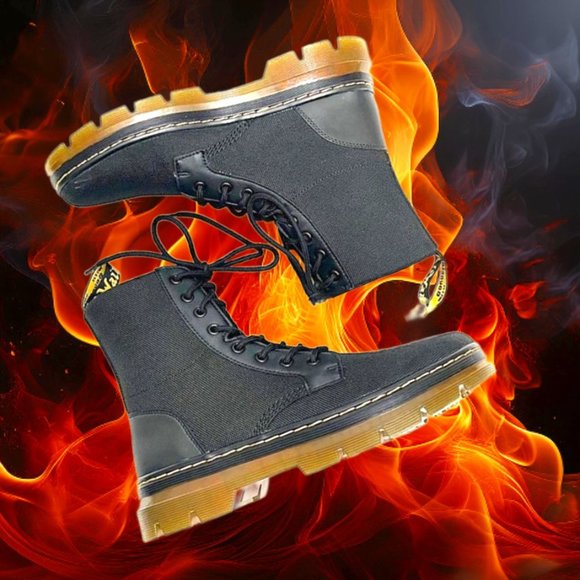 Dr. Martens Shoes - Dr. Martens Combs Black Canvas Leather Styling Lace-Up Combat Moto Boot,…